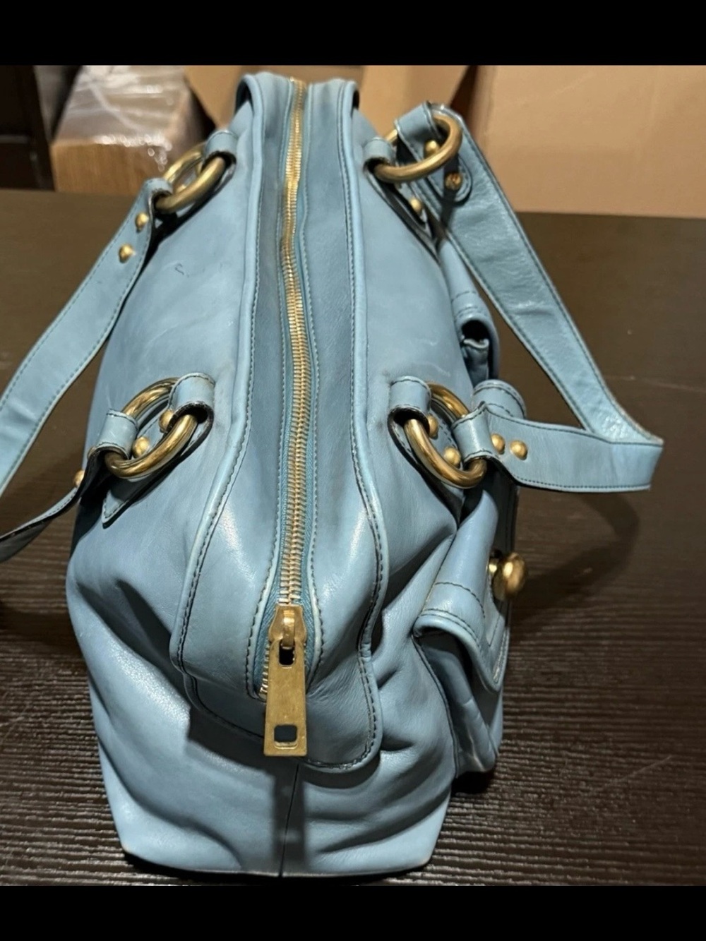 Marc Jacobs Light Blue Leather Shoulder Bag with Front Pockets. - Picture 4 of 10